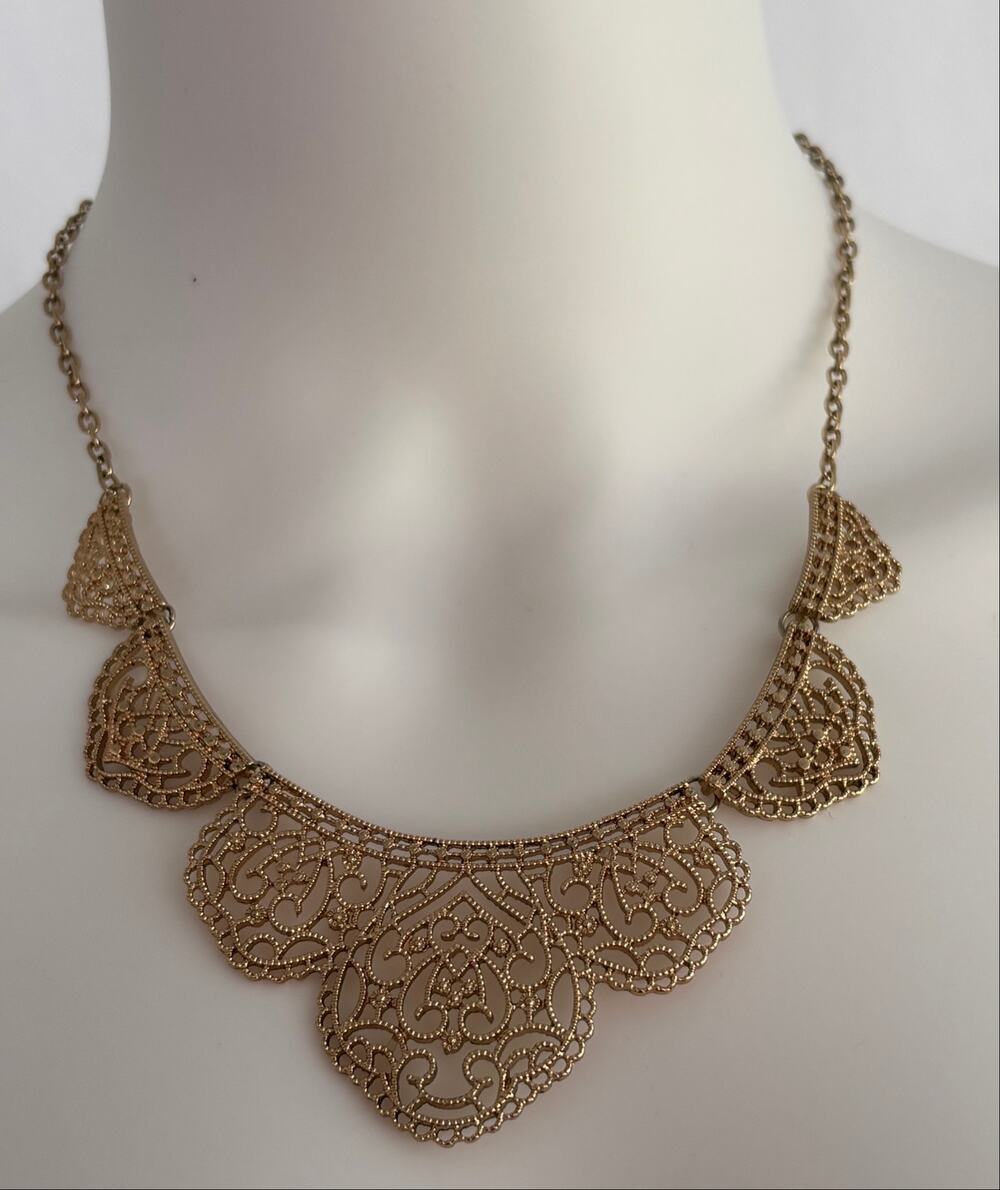 Gold Tone Filigree Statement Bib Necklace Boho Scroll Lace Victorian Adjustable